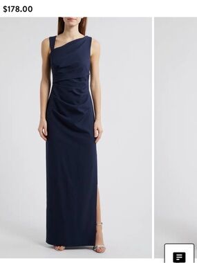 Vince Camuto Navy Asymmetrical One-Shoulder Evening Gown
